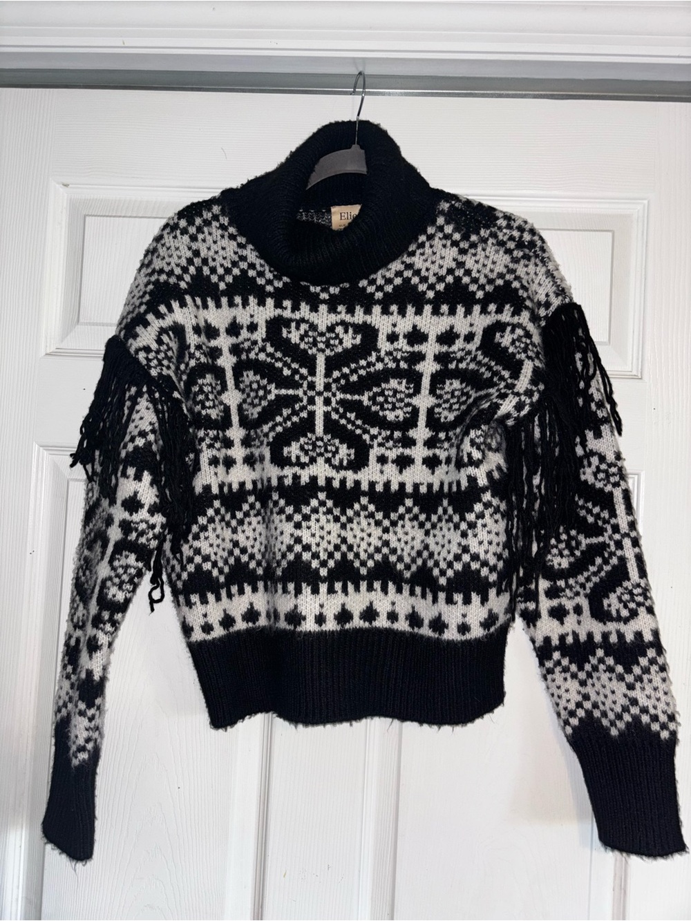 Elie Tahari Black and White Fair Isle Fringe Turtleneck Sweater